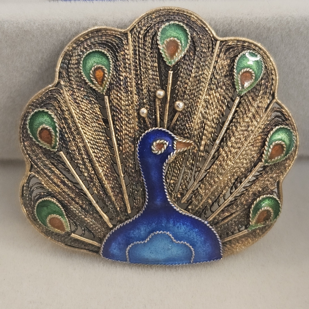 Vintage S925 Filigree & Vermeil Enamel Peacock Sterling Silver Brooch Pin